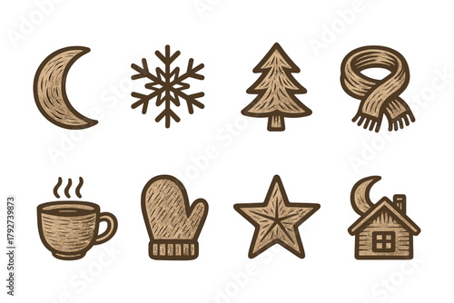 Rustic winter icons collection featuring moon, snowflake, and cozy elements in hand drawn style