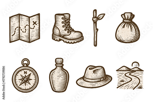 Vintage camping icons: adventure map, hiking boot, and compass in hand-drawn style