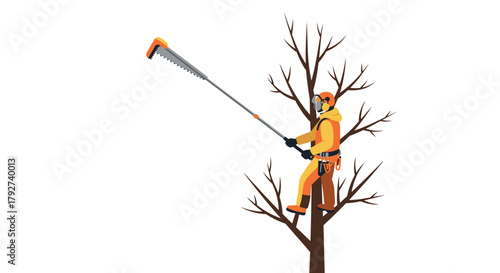 Arborist pruning tree branches with pole saw in winter safety gear on leafless tree