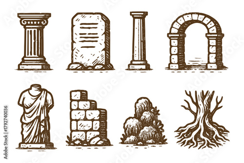 Hand-drawn ancient architecture and nature elements in rustic grunge style