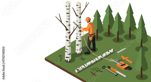 Isometric lumberjack working in forest with chainsaw and tools