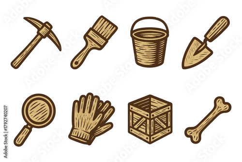 Rustic tool icons set: gardening, painting, archaeology accessories in vintage style