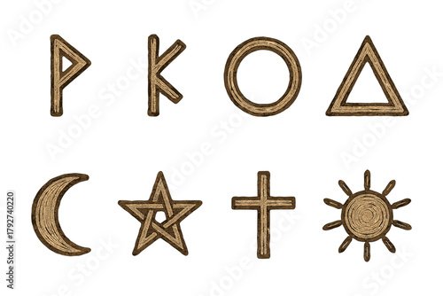 Rustic wooden symbols: ancient nordic and nature icons