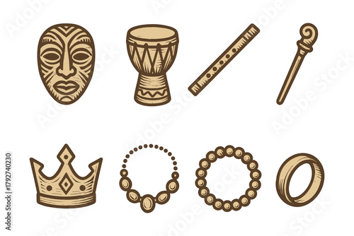 Traditional african elements in hand-drawn style featuring masks, instruments, and jewelry