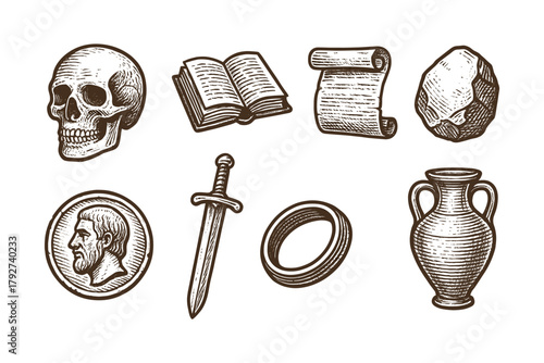 Vintage engraving of historical artifacts including skull, sword, and ancient scroll