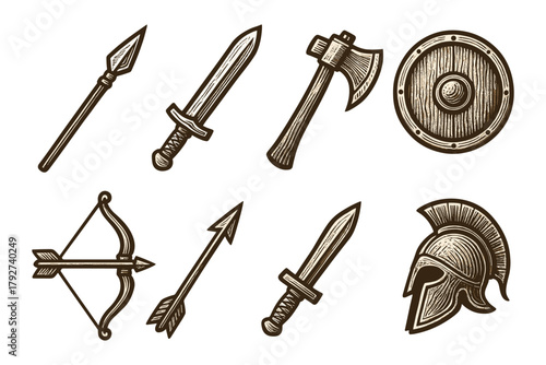 Ancient weaponry set: hand drawn sword, axe, shield, spear, bow, helmet