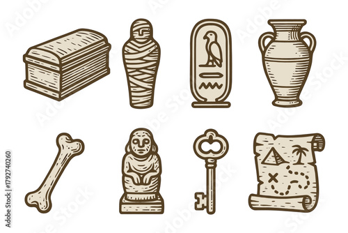 Egyptian themed sketch icons featuring artifacts and symbols