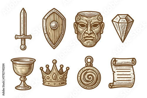 Vintage medieval objects: sword, shield, mask, gem, goblet, crown, pendant, scroll