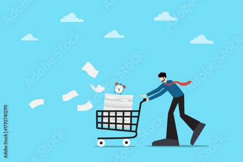 Vector illustration of a businessman pushing a shopping cart filled with documents and a clock, representing time pressure, workload, and productivity management in business life.