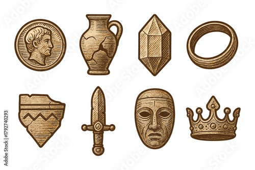 Antique engraved collection with ancient artifacts and historic symbols