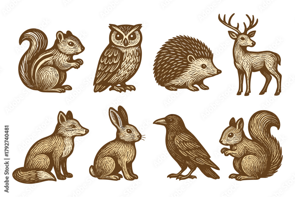 Obraz premium Vintage etched style forest animals set featuring squirrel, owl, hedgehog, and more