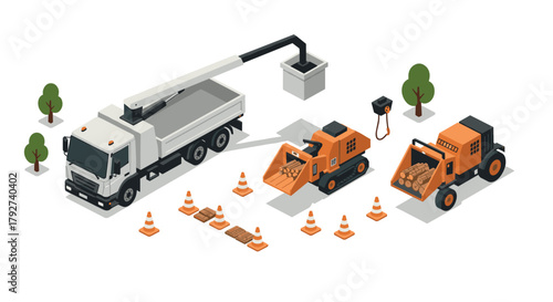 Road construction scene with equipment including loader and crane in isometric style