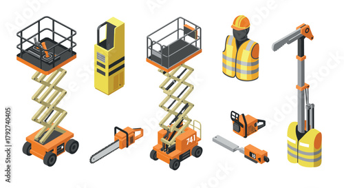 Construction equipment and safety gear in isometric style for modern worksite design