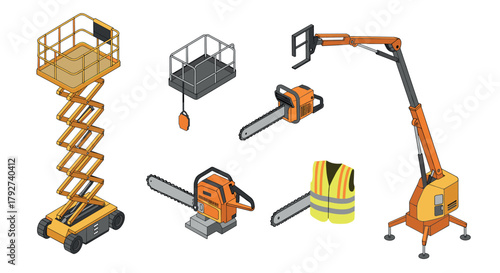 Isometric construction equipment set featuring chainsaws and scissor lift