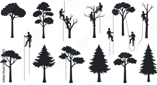 Silhouette designs of tree climbing and rope access techniques