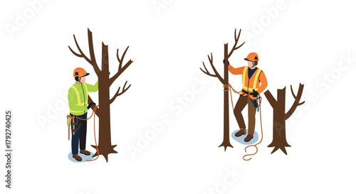 Isometric arborists pruning trees tree care and safety gear in action