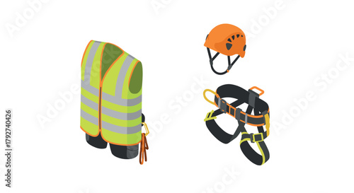 Essential construction safety gear vest, helmet, harness in isometric design