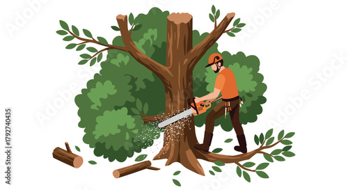 Lumberjack in safety gear using chainsaw to cut large tree in forest