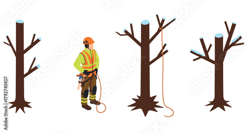 Arborist with safety gear pruning leafless trees in isometric style