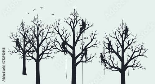 Tree climbers working among tall trees with birds in the sky silhouette art