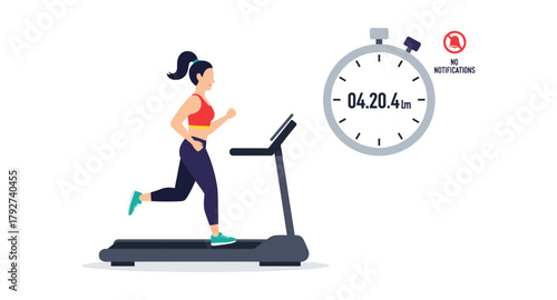 Woman running on treadmill with stopwatch and no notifications symbol