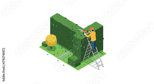 Gardener trimming hedge with chainsaw in isometric style
