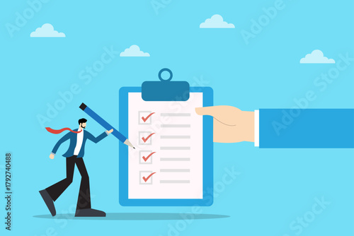Illustration of a businessman completing a checklist on a large clipboard, representing productivity, goal setting, and task management. Ideal for corporate, office, and business efficiency themes.