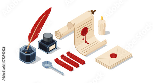 Isometric retro writing set with quill, wax seal, and ink pot for vintage enthusiasts