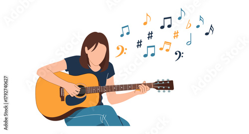 Woman playing acoustic guitar with musical notes in flat style