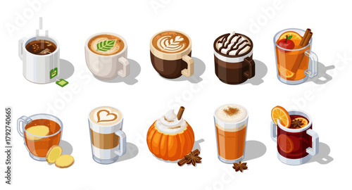Isometric hot beverage variety with seasonal flavors and decorative designs