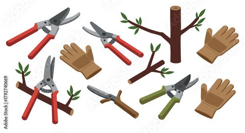 Isometric gardening tools and gloves with pruning shears and branches