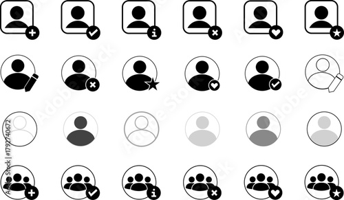 User Profile and Group Status Vector Icons. 24 editable symbols for social media, team management, and contacts. Includes add, verified, blocked, and edit statuses