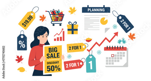 Big sale event with discounts, planning, and shopping elements on blue background