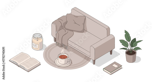 Cozy living room setup with sofa, blanket, and tea in modern isometric design