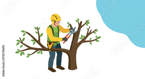 Arborist pruning tree branch with safety gear in vibrant flat design