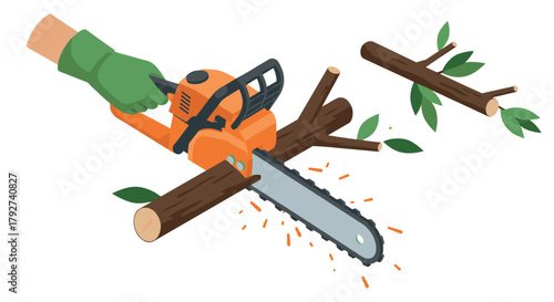 Lumberjack hand cutting wood with chainsaw in dynamic flat design