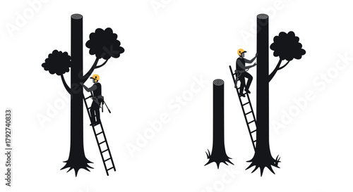 Tree worker climbing ladder and cutting branches in silhouette style