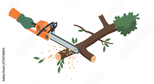 Isometric chainsaw cutting tree branch with hand in action