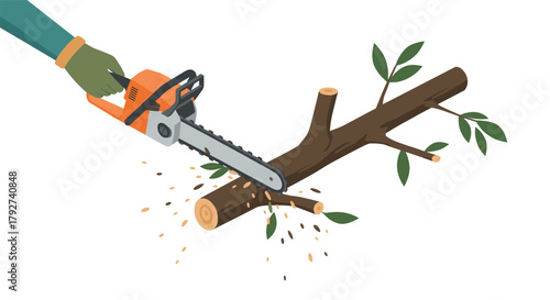 Isometric chainsaw cutting tree branch with leaves