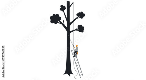 Silhouette of arborist climbing tall tree with ladder for pruning work