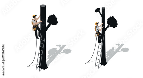 Arborist climbing tree with ladder and safety gear in isometric style