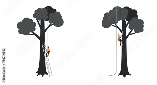 Tree climbing activities with ladder and rope in silhouette style