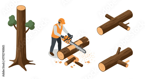 Isometric lumberjack cutting tree trunk with chainsaw and logs on white background