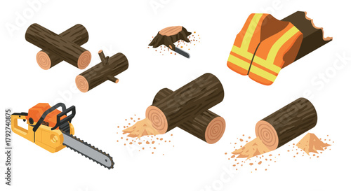 Isometric logging equipment and wood elements set for forestry and construction