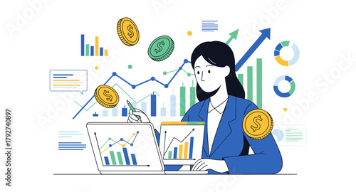 Financial analysis and growth trends with businesswoman and charts in modern flat design