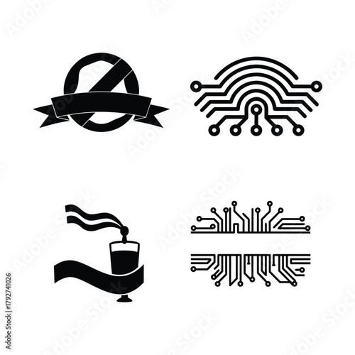 Set of Four Monochrome Abstract Logos and Technology Symbols
