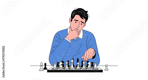 Pensive man strategizing chess move in modern flat design style