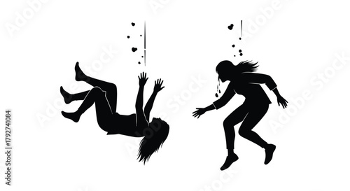Silhouettes of two figures falling or diving into a dark fluid space