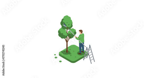Gardener pruning tree in isometric style man on ladder with shears for tree care