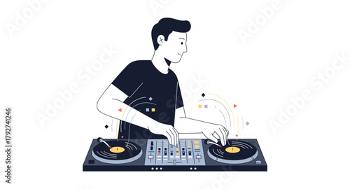 Dj mixing music on turntables in a modern flat style design